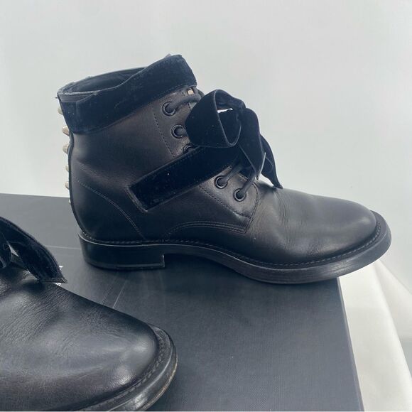 SAINT LAURENT Spike Studded Black Leather Combat Ankle Boots - Picture 7 of 12